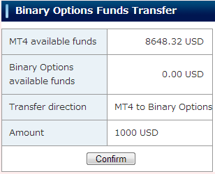 Pagamentos Em ordem para transferência na plataforma de Opções Binárias você precisará trasnferir fundos da sua conta MT4 USD Transferência de fundos Funds Transfer do MT4 para o Binária ① No meu MT4