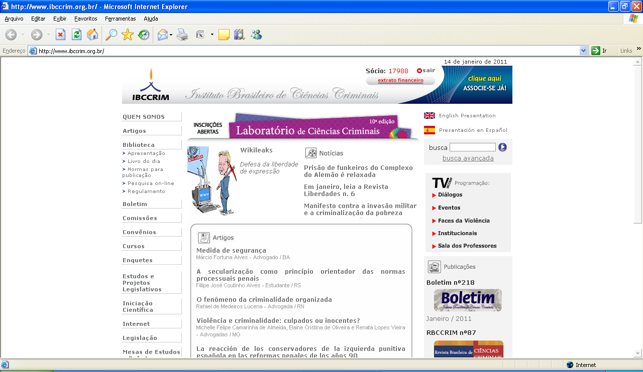 I COMO CONSULTAR O ACERVO DA BIBLIOTECA DO IBCCRIM POR MEIO DO LINK PESQUISA ON-LINE: 1 1º) Em nossa home page, o associado deverá clicar no link Biblioteca, localizado na barra de menu vertical, à