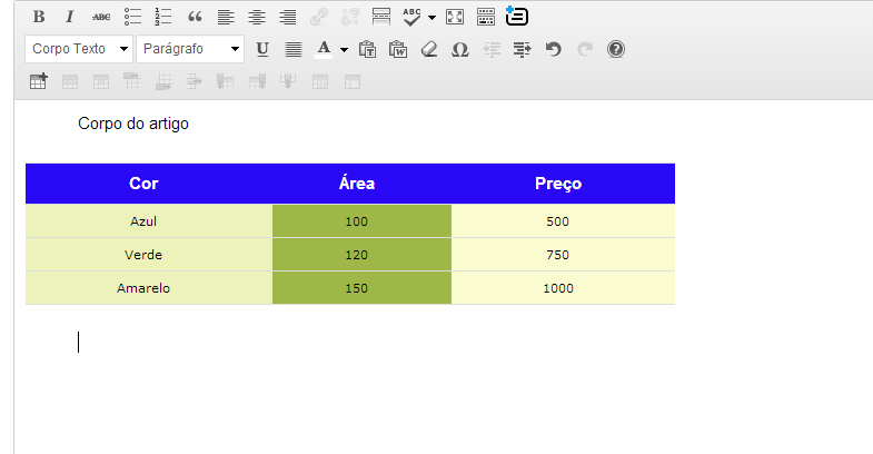 Inserir tabela ao corpo do artigo,