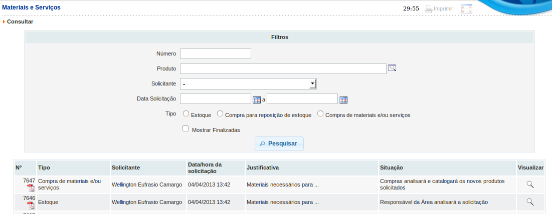 Documento demonstrando como utilizar o módulo solicitante 10 9) Consultar requisições realizadas: No módulo de Solicitante, vá até o menu Materiais Serviços -> Consultar Na página a