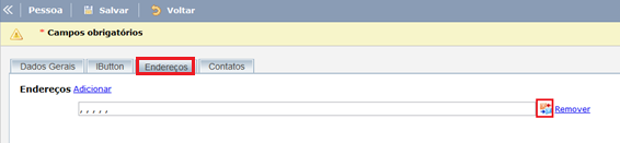 Aba Endereços: Esta opção insere o endereço da empresa, clique em endereço e em seguida Adicionar: Surgirá uma nova tela: Observe que existe um ícone em destaque na imagem, todas as vezes que este