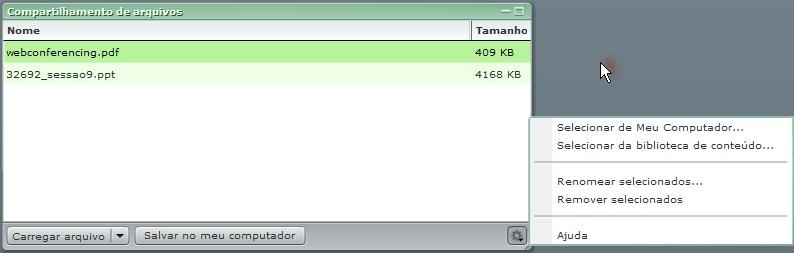 Conhecendo uma sala de reuniões Pod Compartilhamento de arquivos Para carregar um arquivo clique em Carregar arquivos.