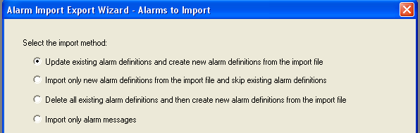 Importar alarmes e eventos baseados em tag 8. Clique com o botão direito em FTAETagServer e selecione Import and Export 9. O Assistente Alarm Import Export Wizard aparecerá.