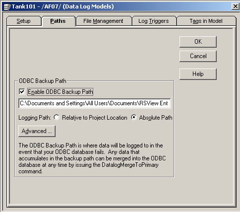 6. Clique na guia Paths. Observe que Enable ODBC Backup Path está habilitado. Esta guia de configuração é usada para configurar a localização dos registros de dados.