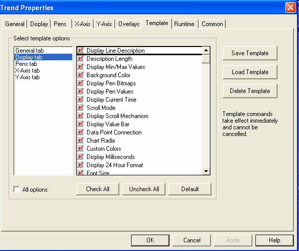 10. Clique na guia Template. Use esta guia para salvar as configurações da tendência atual como um modelo, para carregar outro modelo para a tendência atual usar, ou excluir um modelo existente.