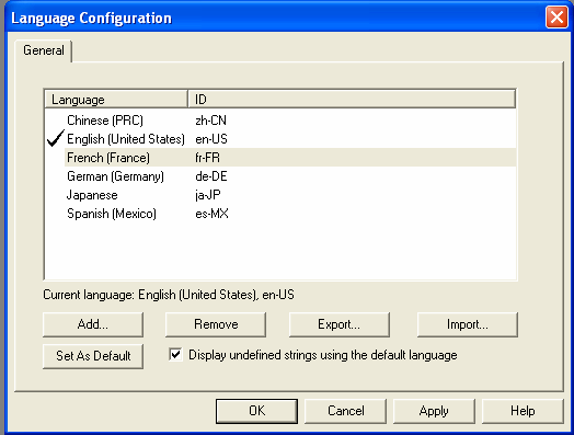 13. Marque a opção Display undefined strings using the default language. 14. Clique no botão Apply. Sua aplicação foi configurada para suportar 6 idiomas.