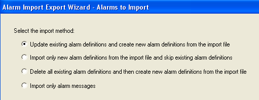 11. Selecione:: Import Alarm Configuration from an Excel File Clique em Next. 12.