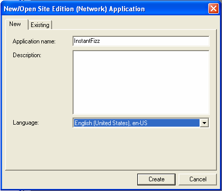 b. Selecione Continue a. Selecione Site Edition (Network) c. Selecione a guia New d. Digite InstantFizz e. Certifique-se de que English é o idioma selecionado. f.