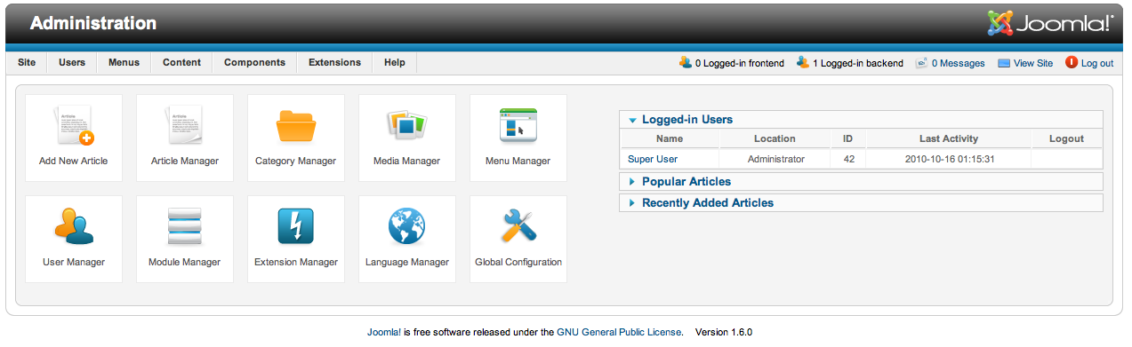 3.6. Frontend/Backend Figura 3.3. Frontend do Joomla O Joomla tem duas faces/áreas: uma para os usuários padrão, chamada frontend (figura 4.3) e outra administrativa, denominada de backend (figura 4.