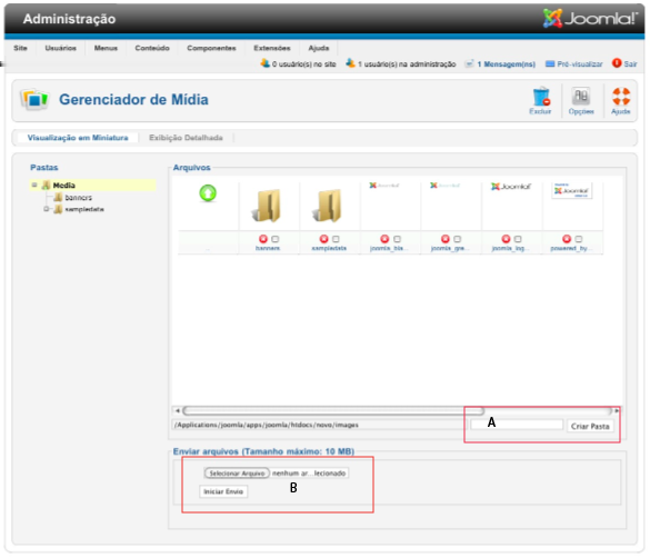 Figura 3.10. Gerenciador de Mídia Para que os usuários possam visualizar o conteúdo na frontend, cria-se menus associados à categoria, artigo, weblink e outros. Na versão 1.