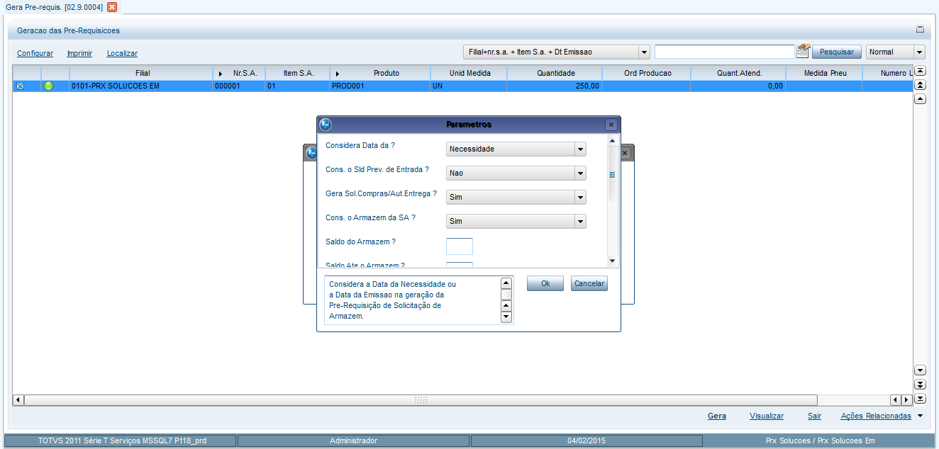 Backoffice Protheus x PIMS MultiCultivos - PIMSConnector Gerar Pré-Requisição é o próximo passo após ter realizado a solicitação de armazém (MATA106).