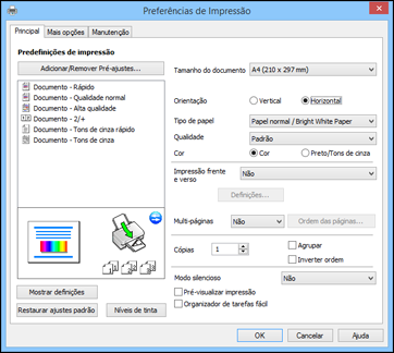 Você verá a janela de definições da impressora: 3. Selecione as configurações de impressão que deseja usar como padrão em todos os programas do Windows. 4. Clique em OK.