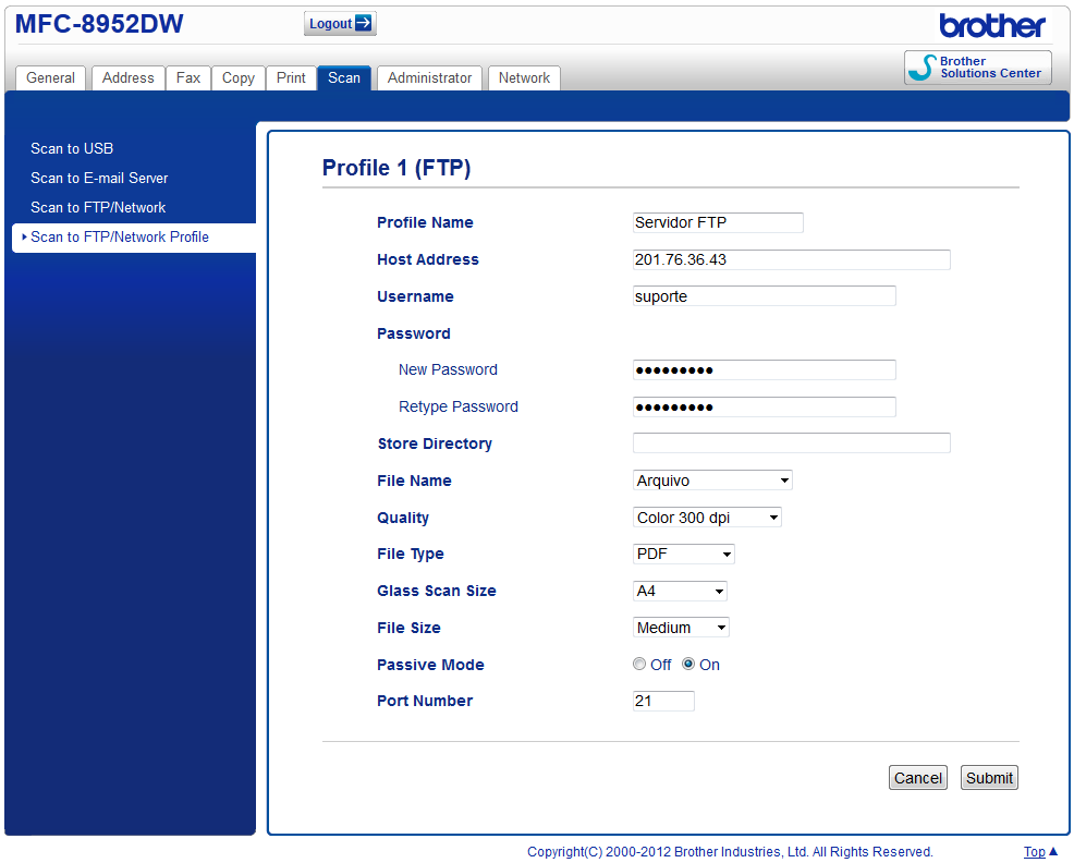 - Feito isso, clique em Scan to FTP/Network Profile e escolha um dos perfis configurados para FTP.