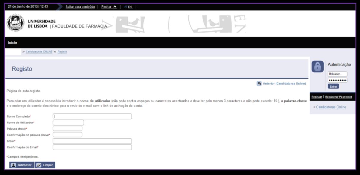 4. Na página do registo preencha todos os dados solicitados (nome completo, nome de utilizador, palavra passe que pretende utilizar e e-mail).