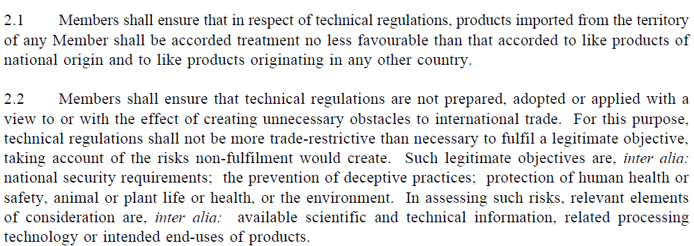 Organização Mundial do Comércio Tratamento Igual Entre os Membros Os membros devem assegurar que, em matéria de regulamentos técnicos, os produtos importados do