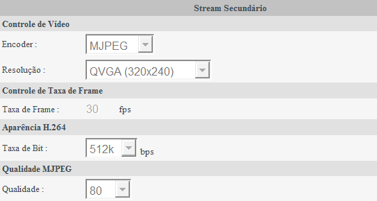 Entrada de áudio 6.2.2. Vídeo Controle de vídeo: o stream principal só trabalha com encoder de vídeo H.264. Escolha no menu a resolução que se deseja para o stream principal.