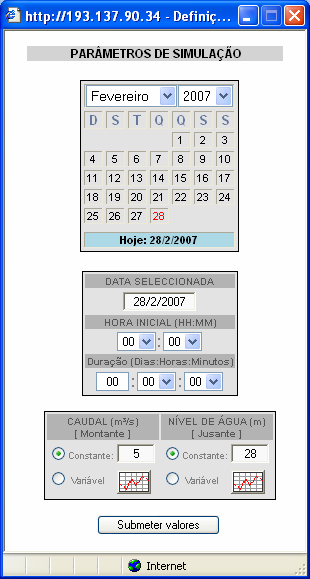 Um dos conjuntos de dados que é possível definir é o que engloba os parâmetros temporais da simulação: duração da simulação e data de início da simulação.