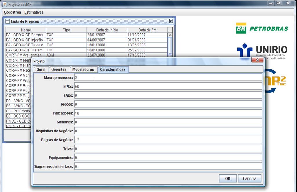 Regras de Negócio, Telas, Equipamentos e Diagramas de Interface, explicados no capítulo 3, caracterizam um projeto.