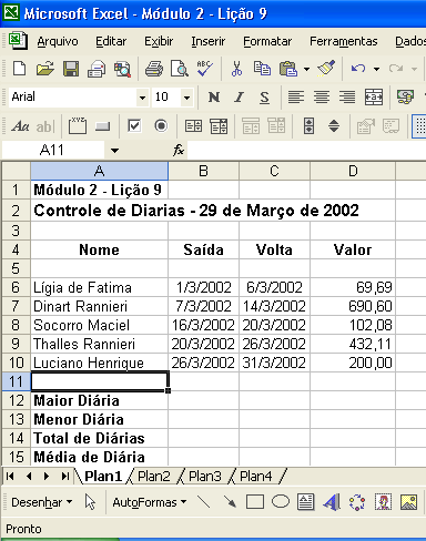 2. Clique no botão Salvar. 3. Na célula B12 iremos retornar o valor da maior diária. Os valores das diárias estão na faixa de D5 a D10.