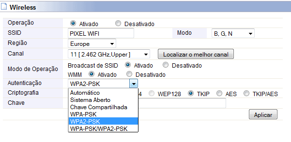 Configuração básica : Mostra estado sem fio atual e parâmetro básico para a configuração.