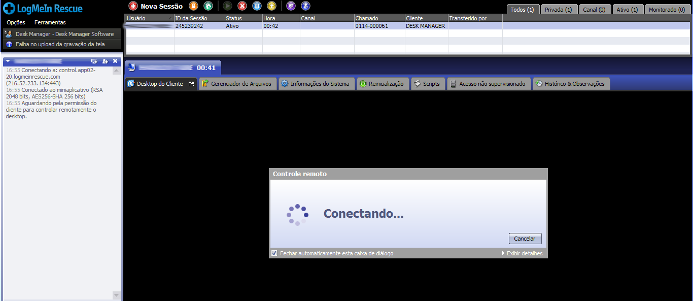 12.1 - Após a Conexão você poderá interagir com o usuário pelo chat e ou Inicializar uma Sessão de Controle Remoto, ou