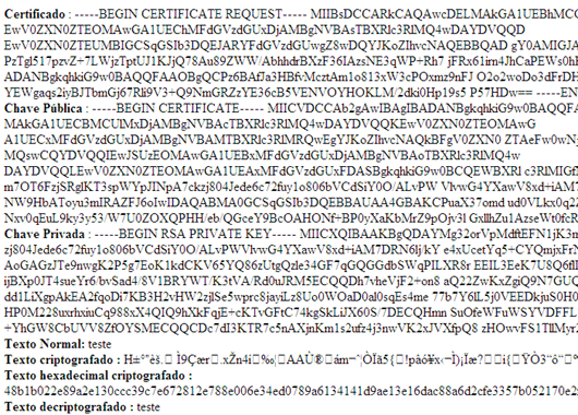 91 criptografada com a chave pública gerada e decriptografada utilizando-se a chave privada. Figura 5.6: Exemplo de Criptografia utilizando o OpenSSL e PHP. 5.2.