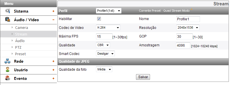 Stream Perfil Selecione o fluxo [Profile1], [Profile2], [Profile3] ou [Profile4] dependendo da instalação predefinida.