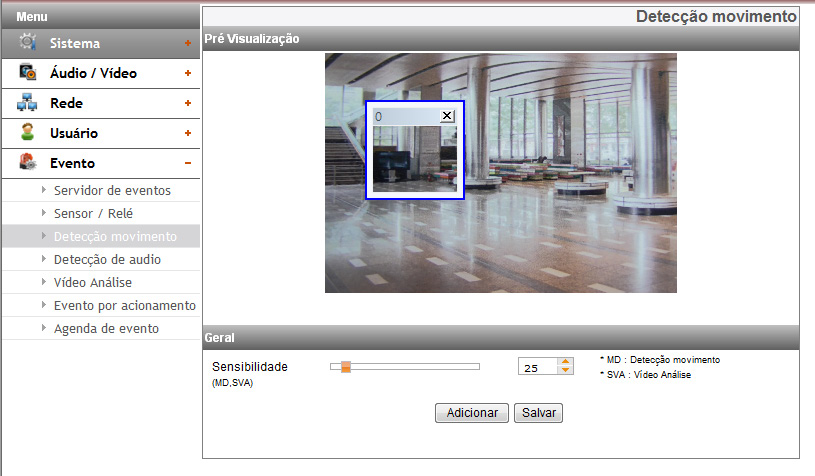 Parar: Clique para parar a transmissão. Pré Visualização É possível pré-visualizar a janela de detecção de movimento na janela de pré-visualização.