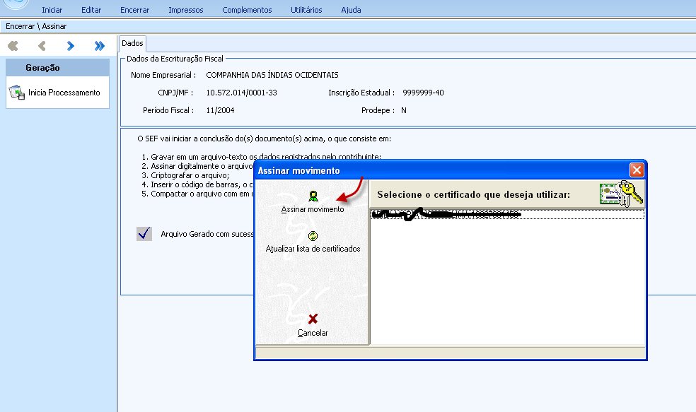 40 3. Encerrar 3.1 Assinar A função assinar dá início às etapas de geração e transmissão da escrituração editada ou complementada no SEF. Para habilitar clicar em Abrir.