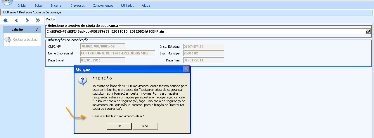 54 Caso exista na base do SEF documento do contribuinte para o mesmo período, os dados existentes poderão ser substituídos pelos dados do arquivo restaurado, semelhante ao que ocorre no processo de