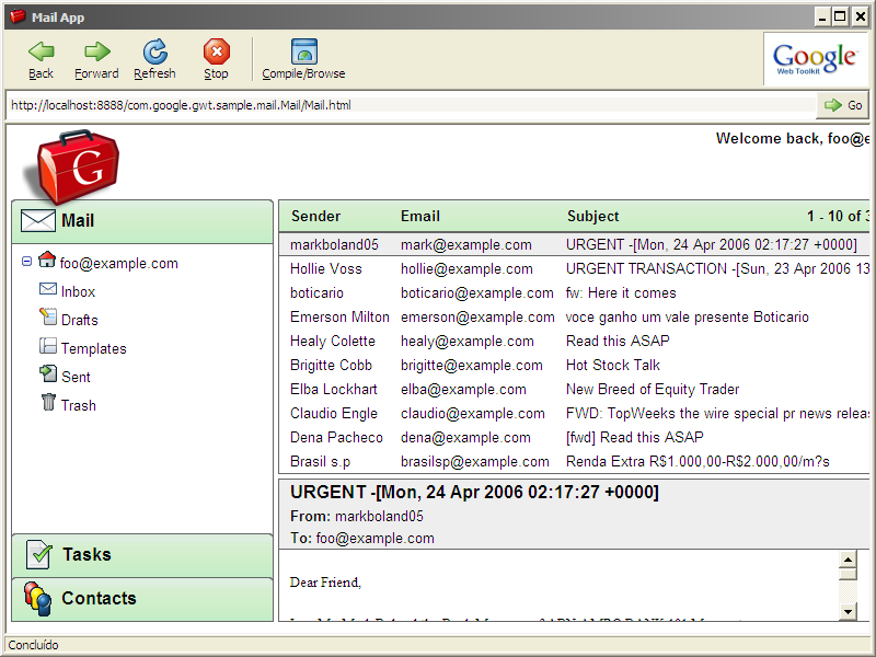 Mail-compile.cmd Em seguida, deve-se abrir o seguinte arquivo no navegador: WWW/com.google.Gwt.Sample.Mail.Mail/Mail.html Figura 2 - Rodando uma aplicação GWT 3.2. Criando Aplicações O GWT provê um módulo (applicationcreator.