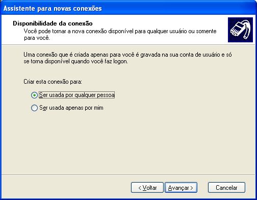 4 Conectividade com a Internet do SpeedTouch 6 Na janela seguinte, selecione Conectar-me usando uma conexão de banda larga exija um nome de usuário e uma senha: Clique em Avançar para continuar.