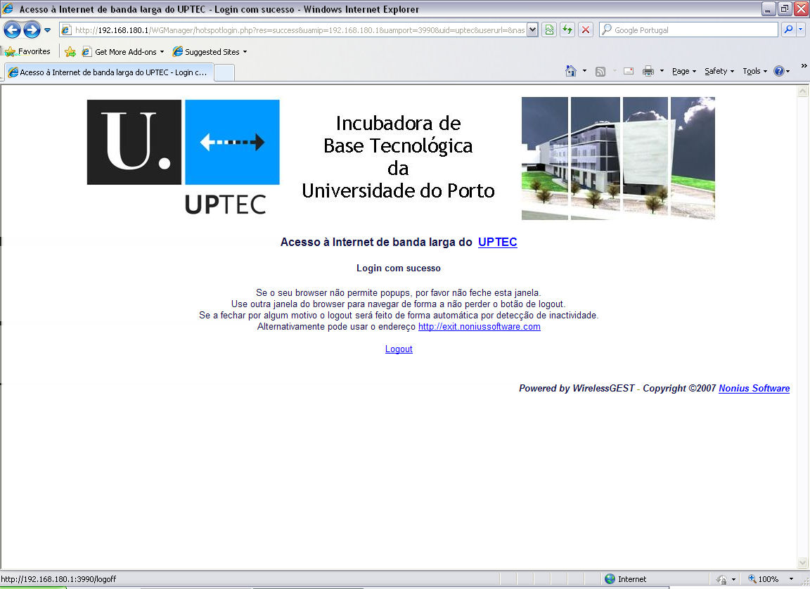 Apresentação de Redes Figura 2.16: Página de após ter realizado o login na rede Nesta página é indicado que foi efectuado login com sucesso e passa a ser possível navegar na Internet.