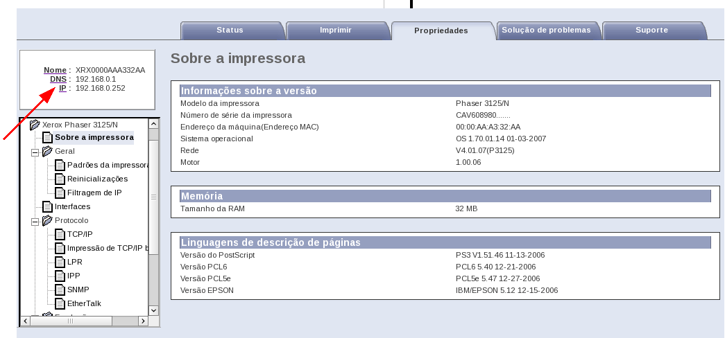 A tela de configuração da impressora será então exibida.