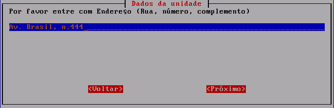 A tela Dados da unidade será exibida. Informe o nome da unidade do telecentro. Por exemplo, se o telecentro estiver localizado dentro de uma escola, o nome poderá ser Telecentro - <Nome da Escola>.