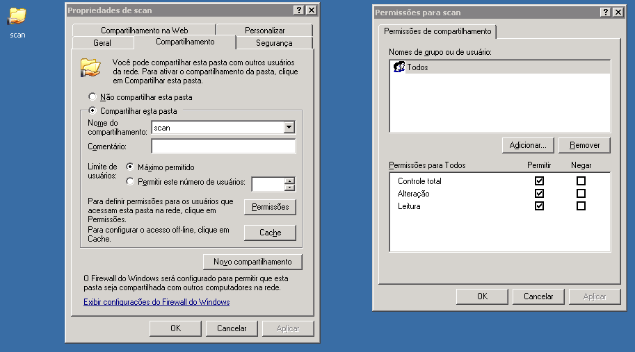 Configuração escâner via rede Brother Família 8000 1 Crie na área de trabalho, a pasta que recebera os escâneres, e compartilhe-a com todas as permissões: 1.