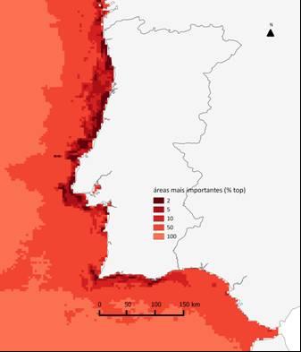 Figura 5. Ranking das áreas mais importantes para conservação de pardela-balear baseado no algoritmo Zonation (ver metodologia no anexo II c)).