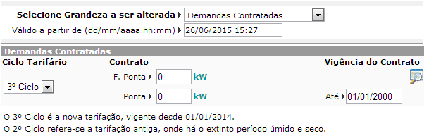 Parâmetros de energia > No campo Demandas Contratadas, insira os valores contratados para a unidade, em KW, nos períodos de ponta e fora de ponta.