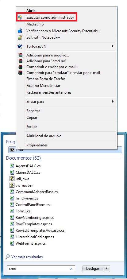 Após isto, pule para o item c. b) Instalação no Windows Vista/Seven. Clique em Iniciar, depois clique em Pesquisar programas e arquivos. Observe a figura abaixo: Neste campo, digite cmd.