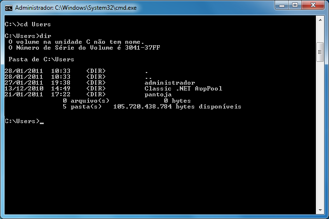 Agora você esta dentro da pasta Users (Usuário). Vamos listar tudo o que tem dentro desta pasta digitando o comando dir.