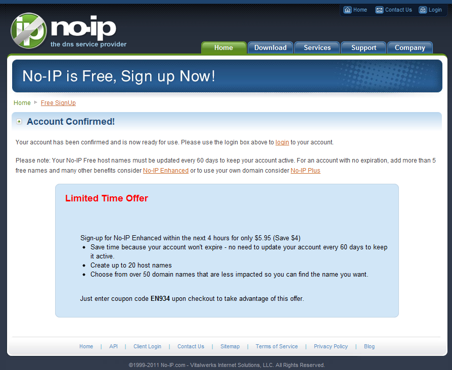 Clique na opção em destaque para confirmar o seu registro no site No-IP.