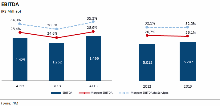 A margem EBITDA de Serviços (excluindo receitas e custos com aparelhos) alcançou 32,0% em 2013 (estável comparado com 32,1% no ano anterior).
