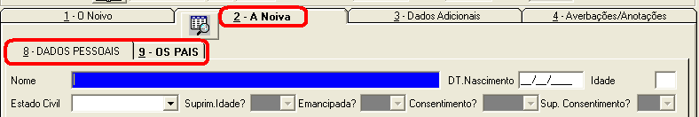 As telas de cadastro de casamento são sobrepostas, os dados são organizados de acordo com a pessoa, por exemplo, na TELA 1 ficam os dados do noivo, que por sua vez possuem duas telas: 6 (dados