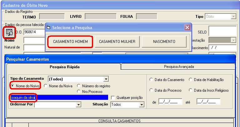 Tela Super Reduzida Clique em Óbito / Cadastro / Tela Super Reduzida O objetivo desta tela é o mesmo do Nascimento e Casamento, cadastrar somente os dados para uma pesquisa (criar um índice).