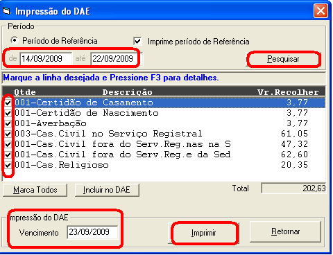 Impressão do DAE Selecione o período de referência inicial e final, clique em pesquisar; Logo em seguida aparecerão os registros que foram lançados no período.