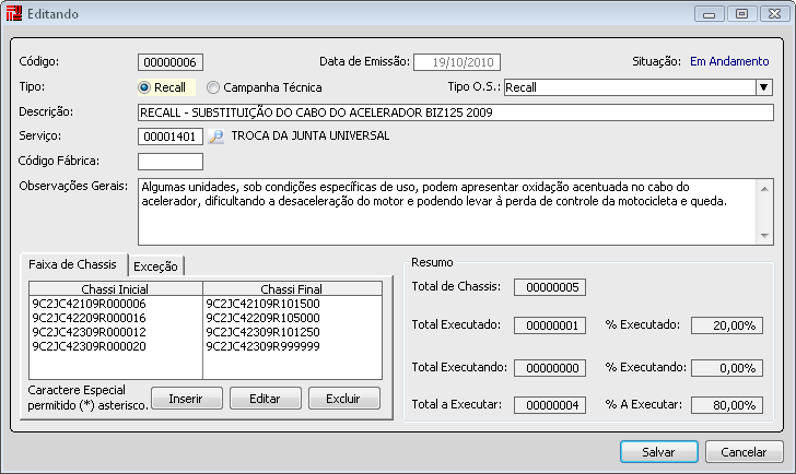 Clique em Inserir, para incluir um novo controle de recall.