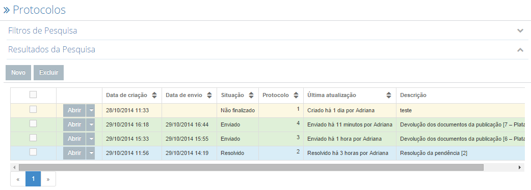 Ao clicar no botão Enviar, será criado um protocolo com a situação como resolvido, com as informações da ultima atualização. 4.5.