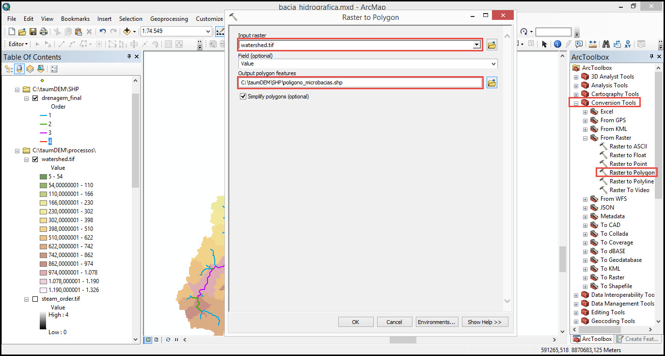 Vetorização das Microbacias O TauDEM não possui um algoritmo próprio para transformação das microbacias em shapefile, portanto, devemos utilizar o módulo padrão do ArcGIS para transformação de raster