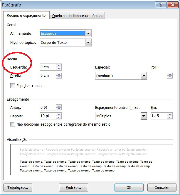 Conforme se altera os valores em Esquerda : (através das pequenas setas para cima e para baixo ou clicando na caixa e digitando números), pode-se verificar que, abaixo, na caixa de Visualização, a