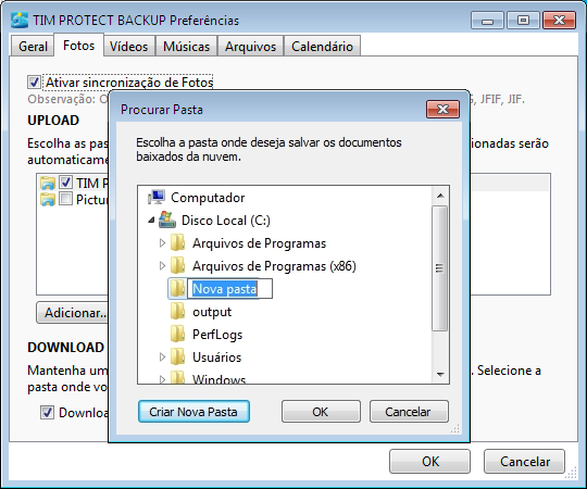 Download: Voce pode marcar a caixa de seleção Download automático para: Tim Protect Backup ou pode criar uma nova pasta para